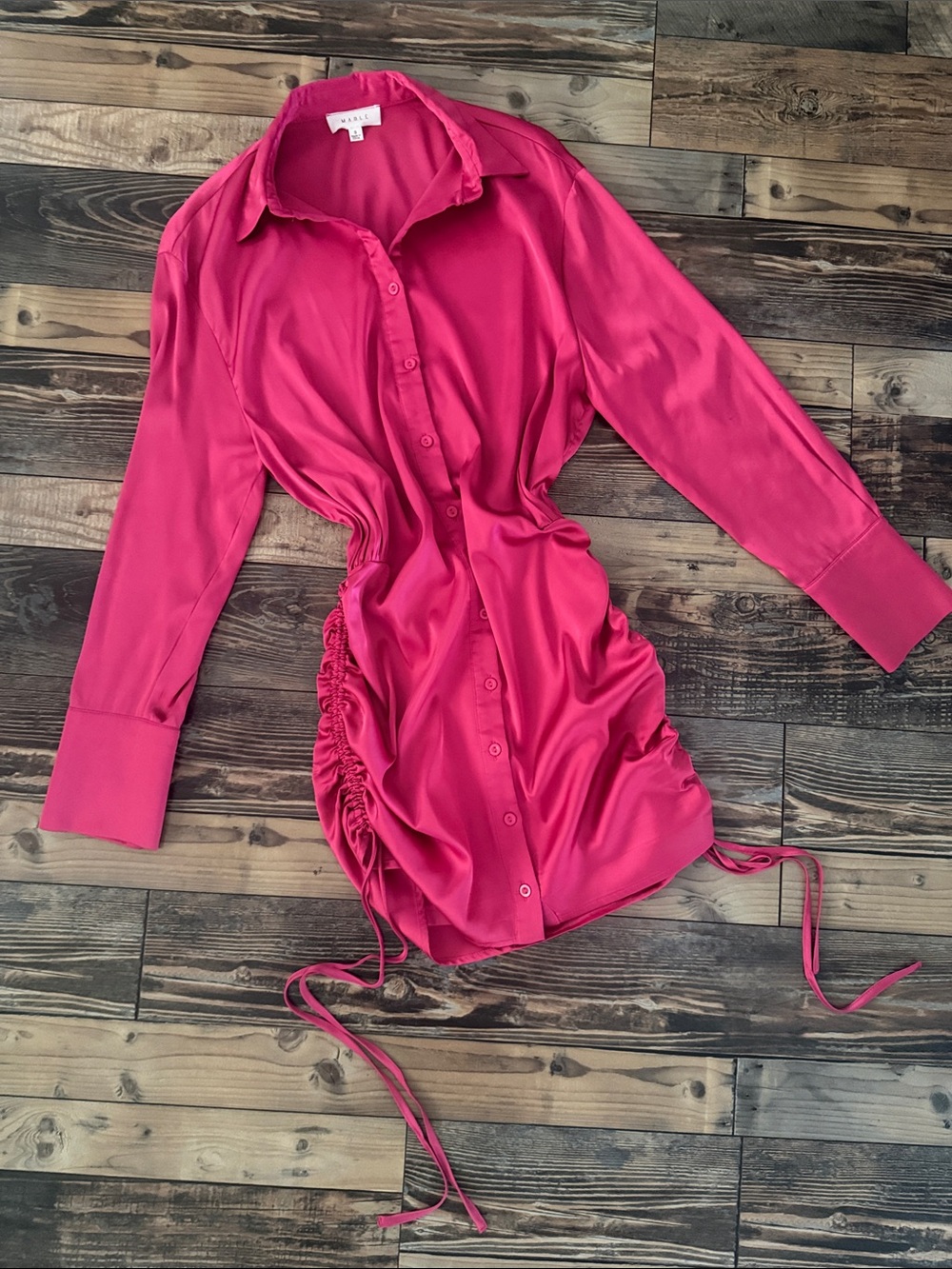 MABLE Fuchsia Satin Ruched Shirt Dress with Side Ties size Small